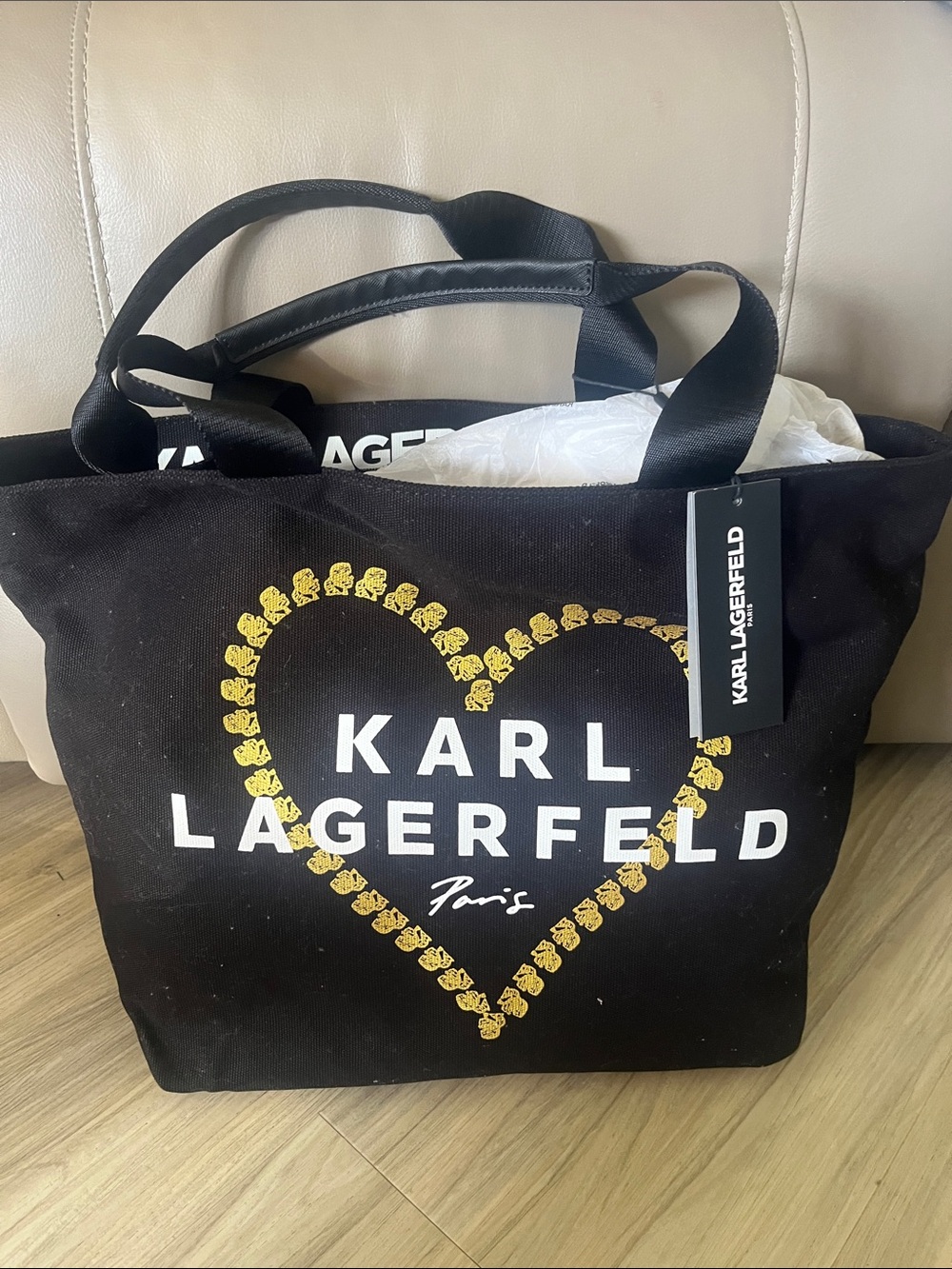 Karl Lagerfeld Black Tote with White Logo and Gold Heart Print - Picture 3 of 3
